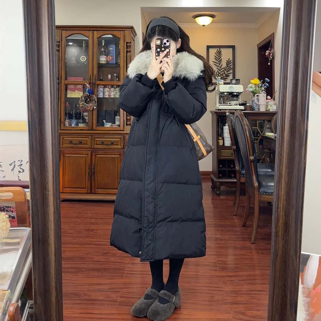 300斤胖mm大码女装黑色休闲百搭中长款棉服女加厚大毛领保暖棉袄