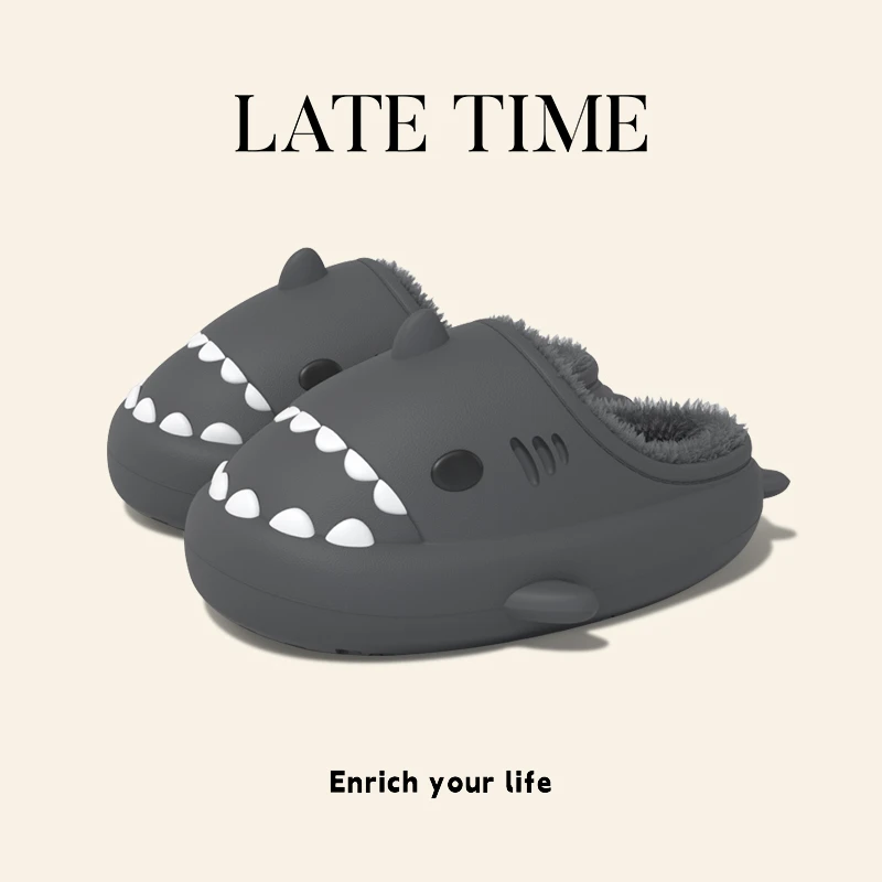 鲨鱼棉拖鞋男款冬季新款室内居家用防水保暖可爱情侣冬天拖鞋女