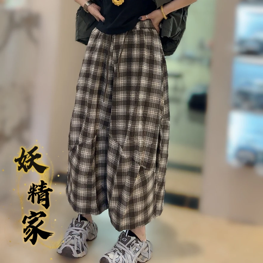 452106【妖精家】日式复古格子宽松女夏季慵懒风松弛感灯笼裤