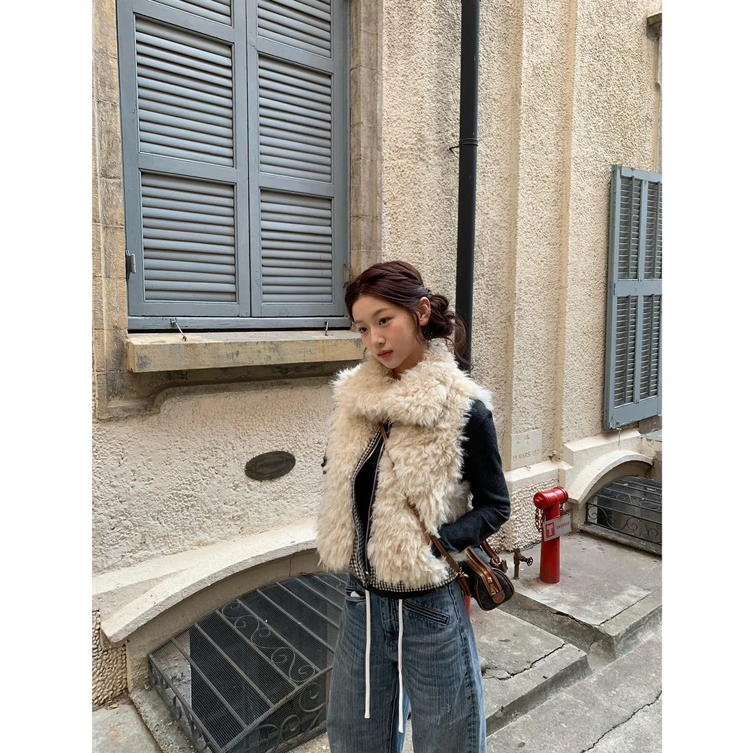 复古格纹两穿高领百搭拉链毛毛外套冬季新款仿羊羔绒无袖马甲上衣