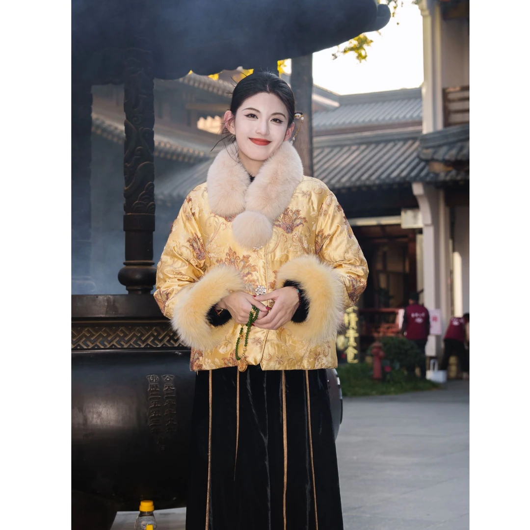 【云华】新中式国风刺绣狐狸毛重工白鸭绒女冬季羽绒服LY-G9293