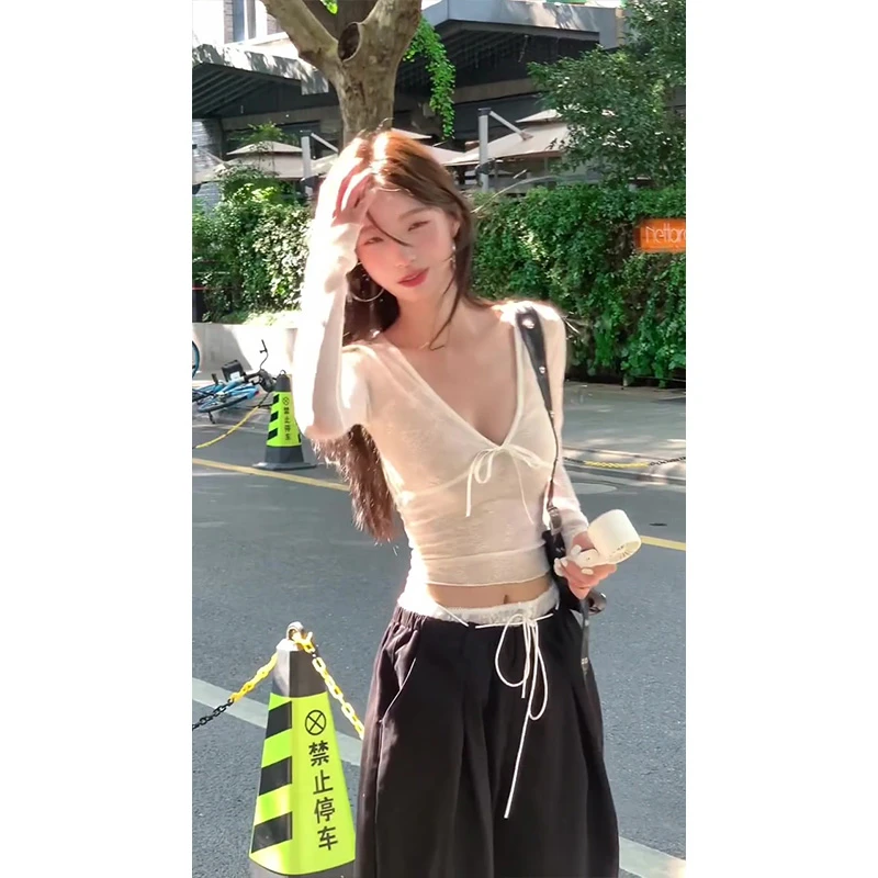 设计感小众蕾丝T恤女2025秋季新款纯欲修身显瘦百搭上衣+裤子套装