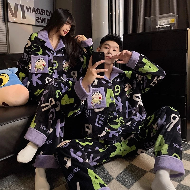 情侣睡衣女秋冬季珊瑚绒法兰绒卡通男士高级感家居服套装2025新款