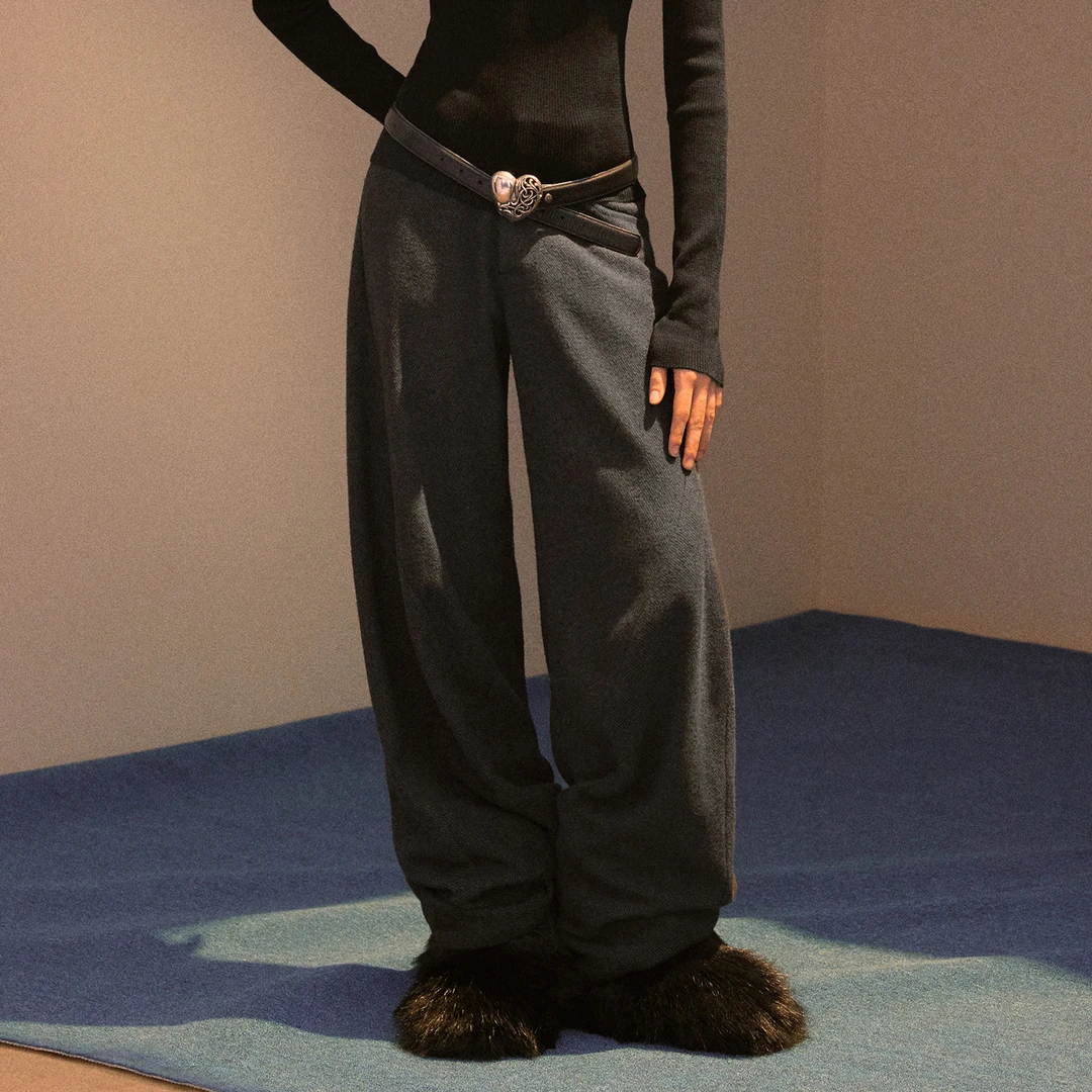 【12.11新品】wooha 吾哈2026早春新款休闲百搭弯刀毛呢休闲裤女