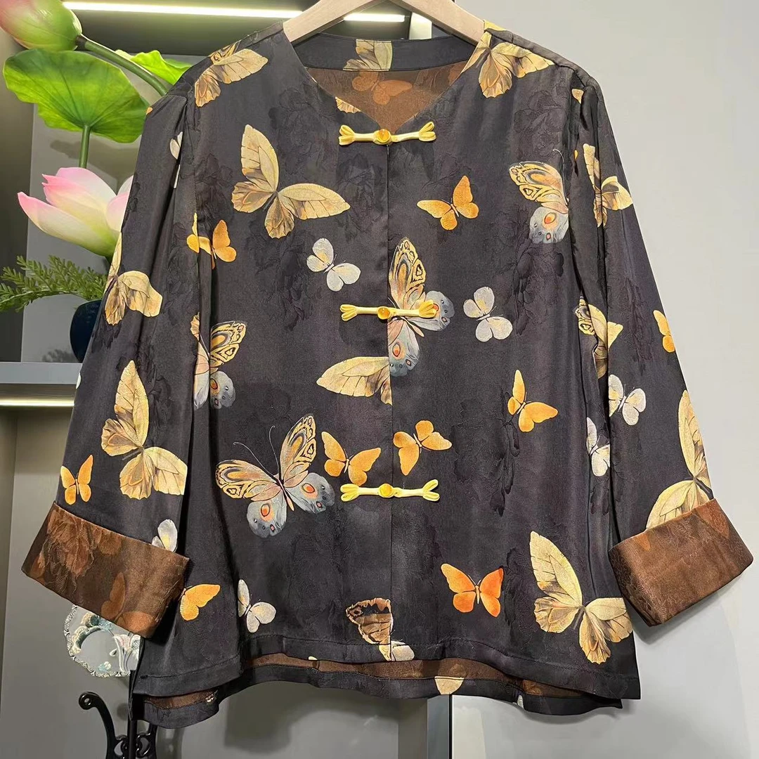 中式开衫复古蝴蝶花色传统改良盘扣春季女装宽松上衣9257