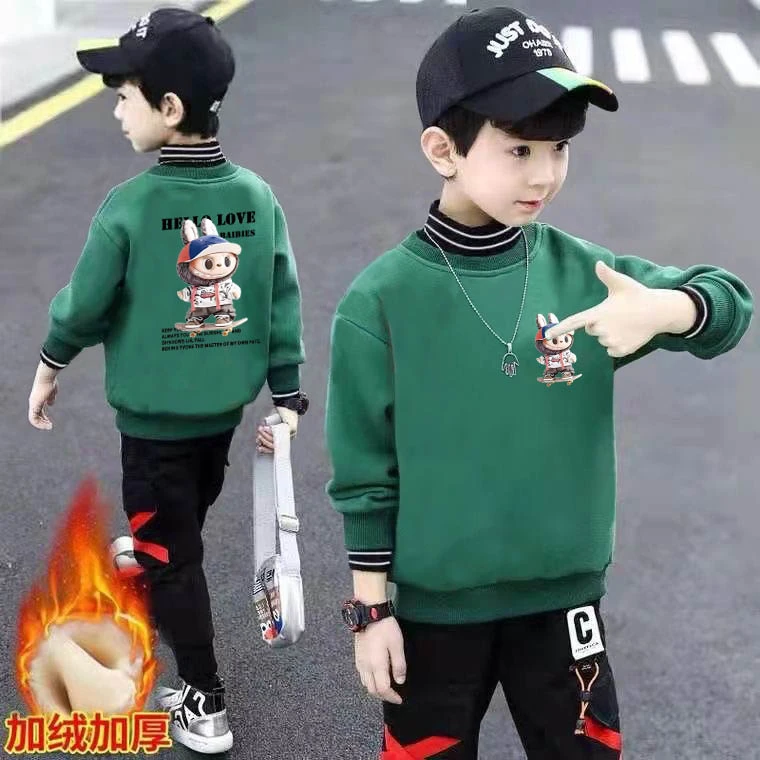 儿童加绒保暖卫衣男童高领拉布布新款小中大童宽松男孩上衣秋冬季
