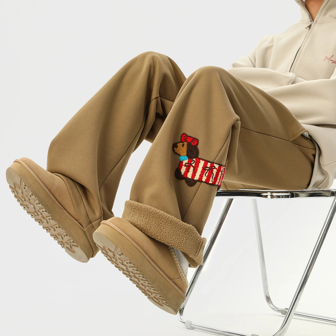 cuwu腊肠小狗刺绣保暖棉裤女冬季加厚羊羔绒加绒裤子宽松休闲裤