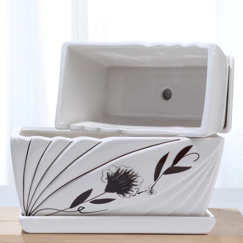 长方形花盆陶瓷带托盘大号简约白色创意个性家用客厅绿萝吊兰多肉