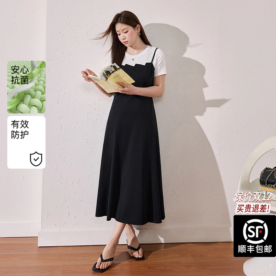 蓝语大码女装气质优雅假两件连衣裙夏掐腰显瘦遮肉a字长裙12010