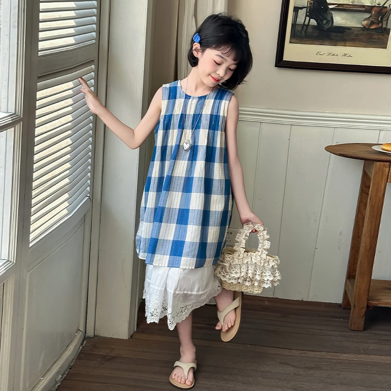 女童连衣裙2025夏季新款儿童森系洋气格子背心裙女宝宝棉布公主裙