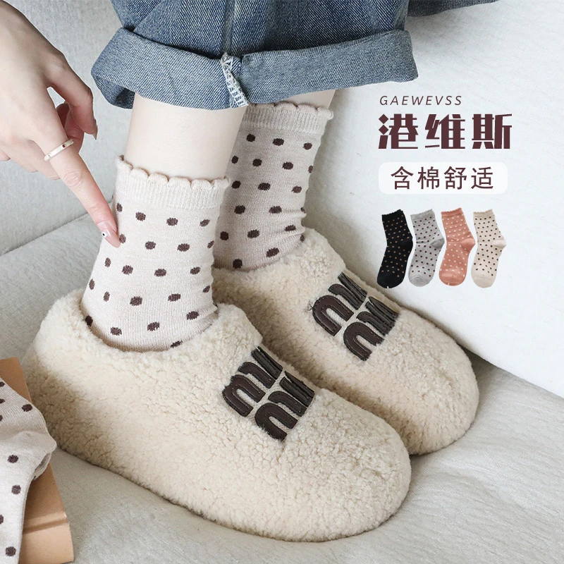 【港维斯】冬季日系波点少女堆堆女袜 甜美花边木耳袜 复古印花百搭