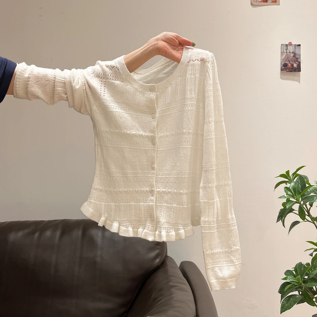 纯欲风白色圆领勾花镂空长袖针织开衫女2025秋季新款修身显瘦上衣