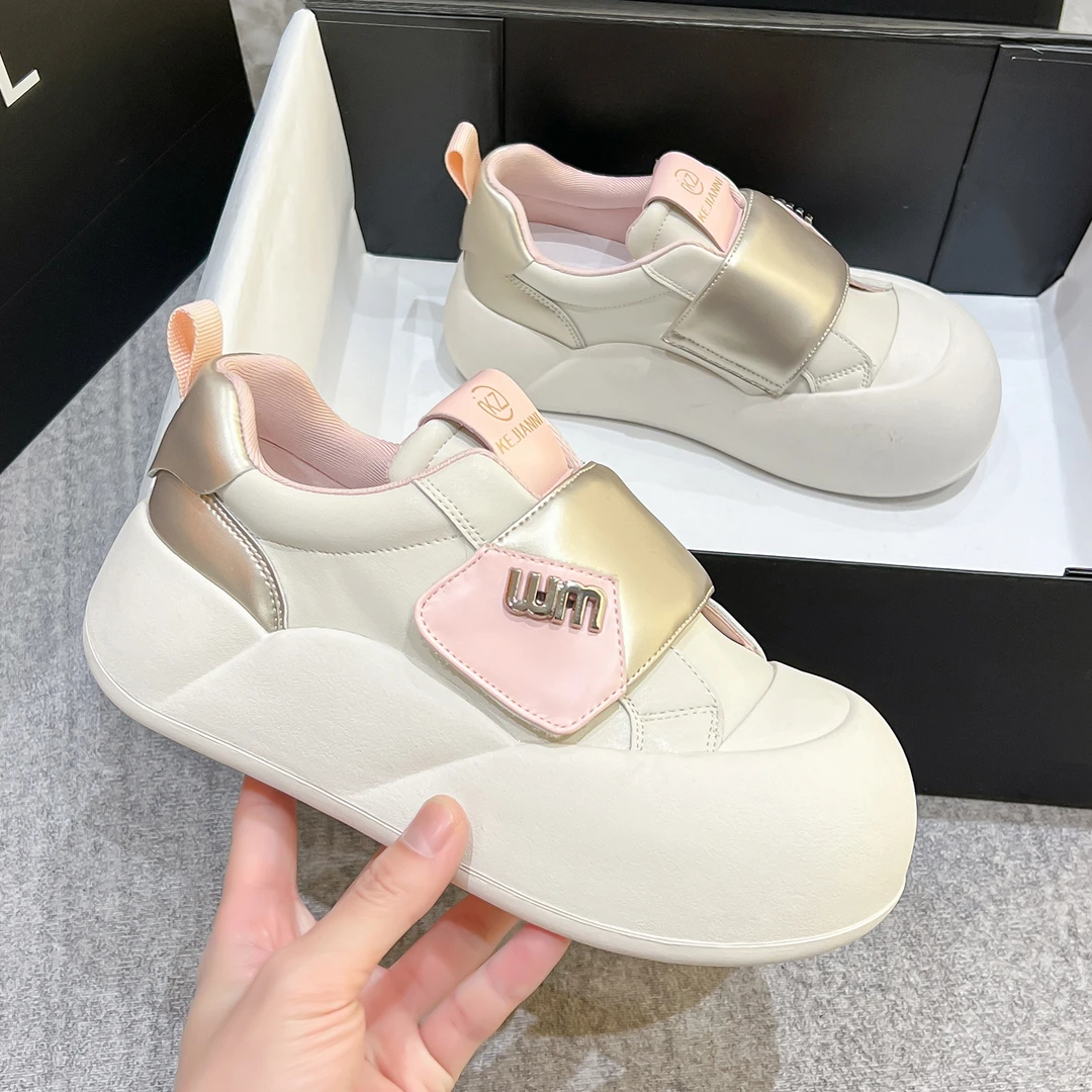 魔术贴小白鞋女2025春秋百搭学院风板鞋厚底拼色时尚大头面包鞋子
