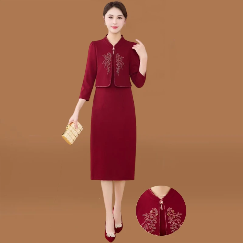 喜婆婆结婚宴会装礼服连衣裙春秋新款洋气质显瘦减龄妈妈假两件套