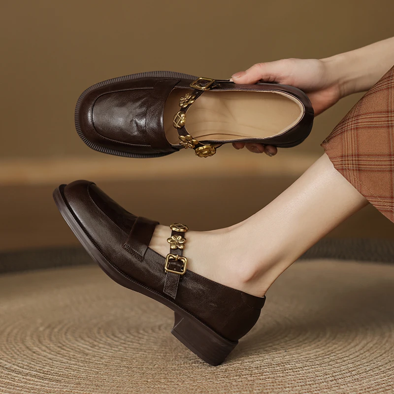 羊皮/3cm/法式复古春秋百搭黑色真皮春季粗跟英伦风中跟厚底单鞋