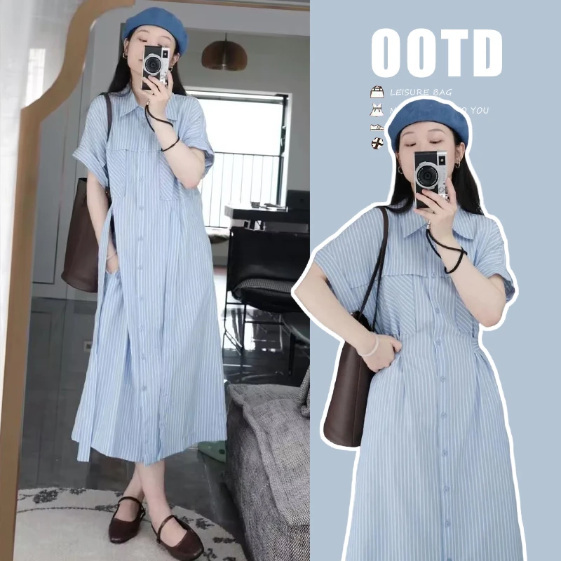时髦孕妇装2025夏季蓝条纹短袖网红洋气女夏季新款宽松显瘦连衣裙