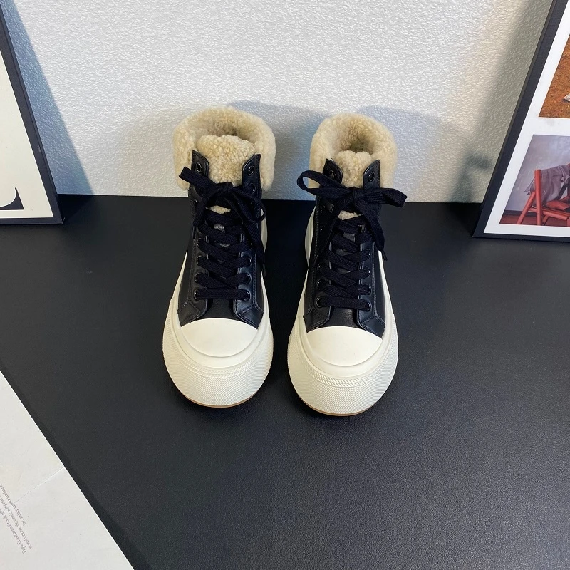 欧货女鞋2025冬季新款厚底增高加绒保暖高帮鞋防滑系带东北二棉鞋