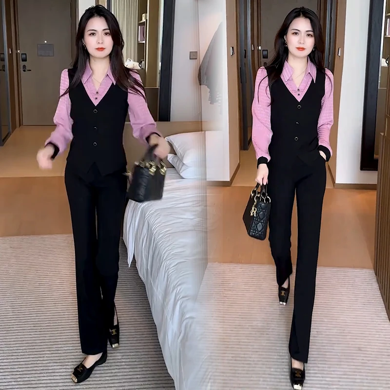 时尚套装女2025春秋新款高级感拼接假两件长袖衬衫微喇裤两件套潮