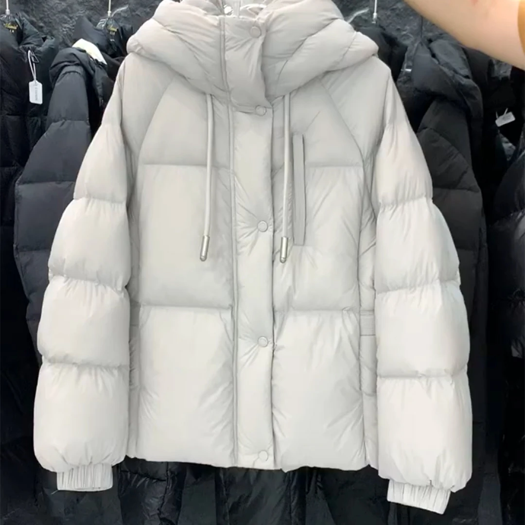 2025冬季新款时尚潮流宽松百撘纯色连帽加厚棉服保暖夹棉外套女装