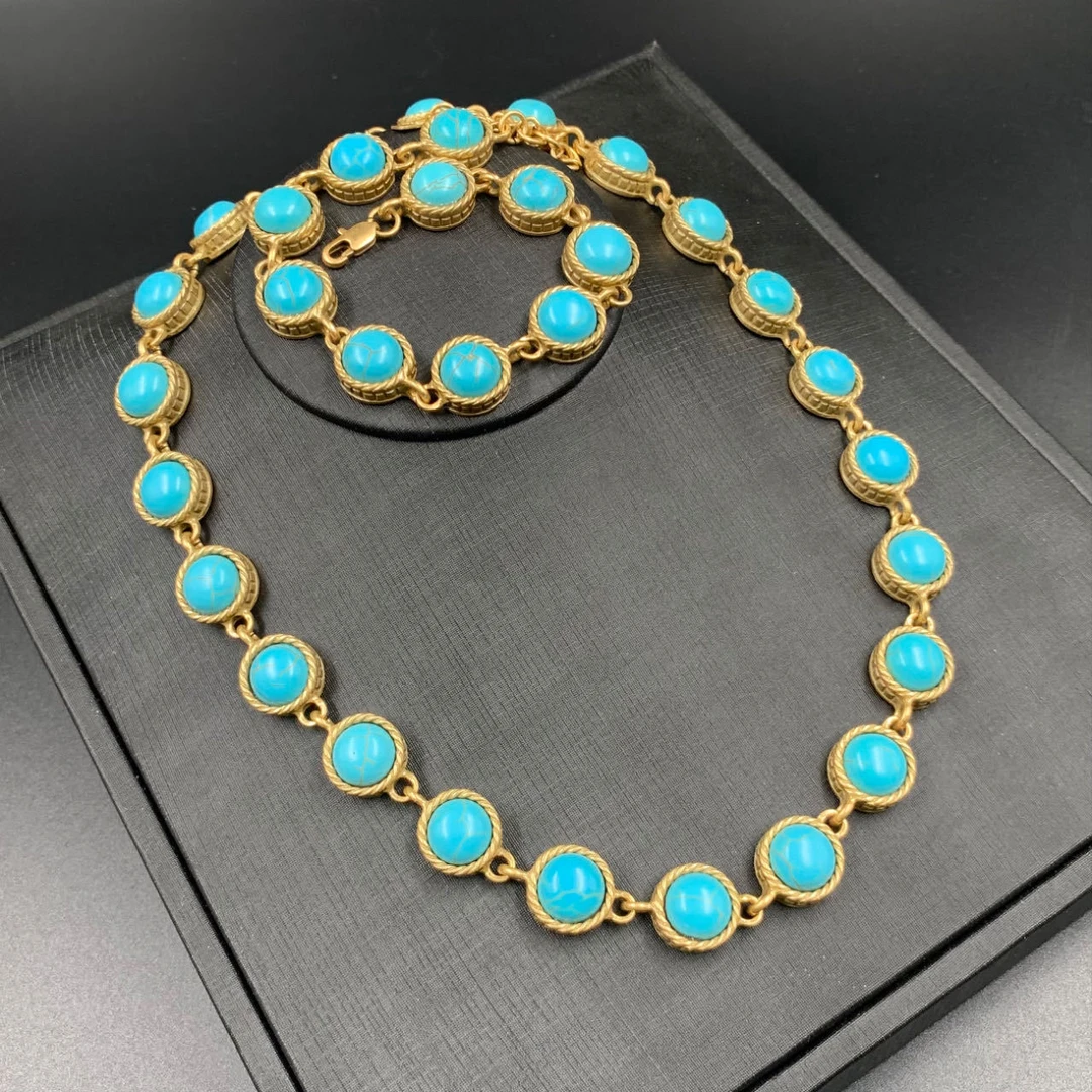 铜合金项链 中古vintage简约优雅绿色松时尚气质波西米亚风项链