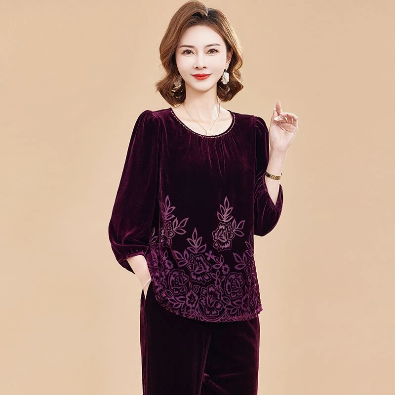阔太太中老年大码春季套装真丝绒上衣女显瘦桑蚕丝妈妈装小衫
