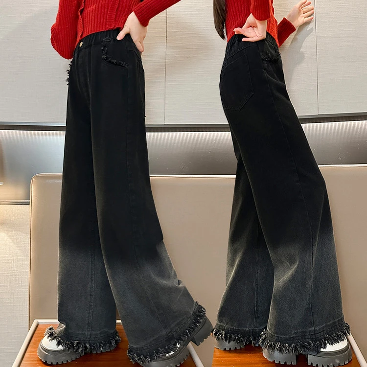女童春秋款牛仔裤2025新款韩版中大童宽松直筒阔腿渐变裤休闲长裤