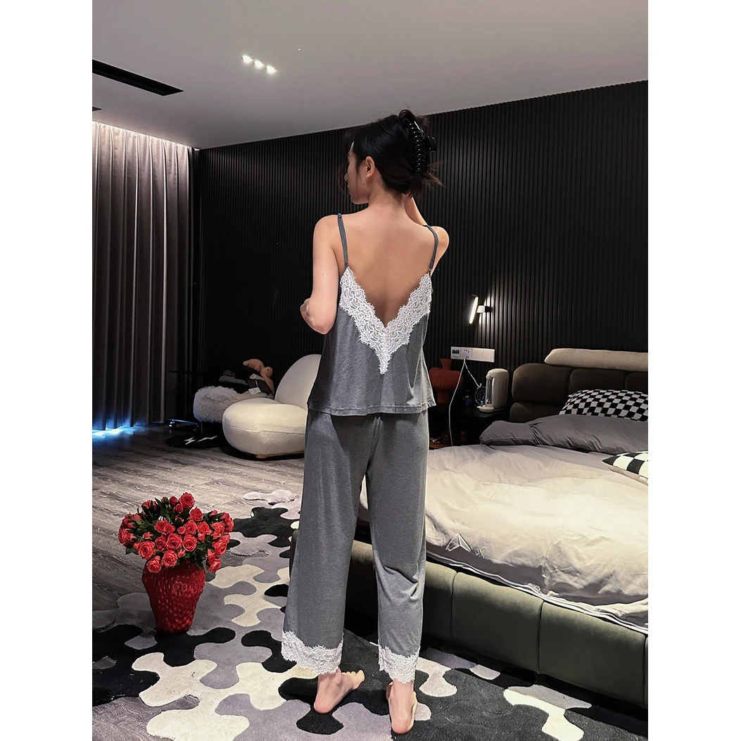 睡衣女款夏季爆款2025新款女士莫代尔带胸垫蕾丝花边高级感家居服