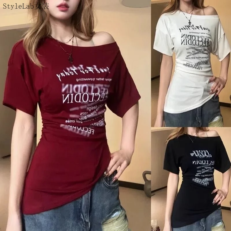美式纯欲设计感不规则斜肩印花短袖t恤夏季新款收腰露肩辣妹上衣