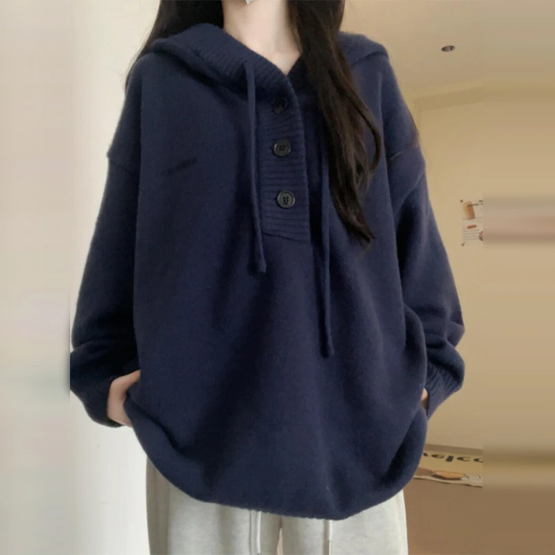 韩系慵懒风宽松连帽针织衫毛衣女2025春秋新款设计感复古软糯上衣