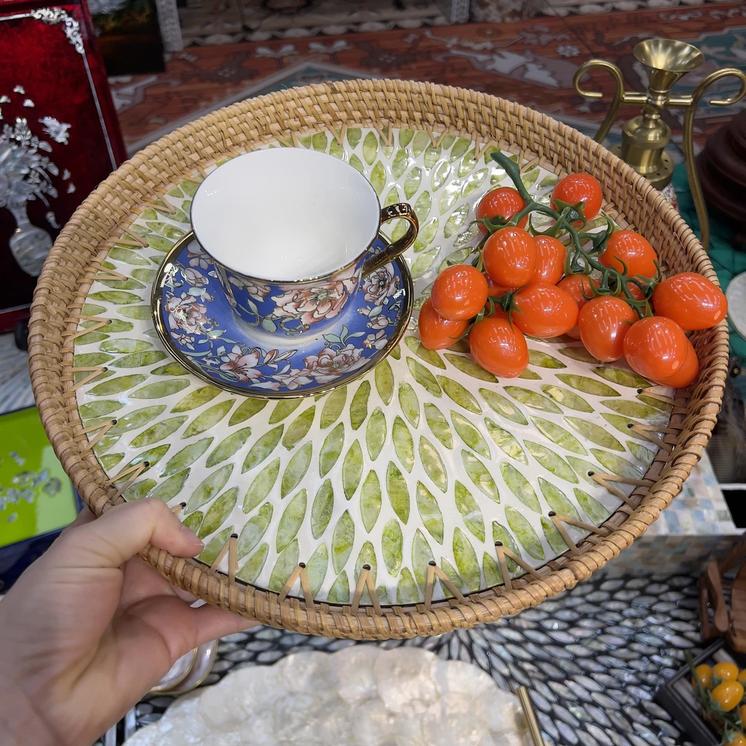 HH-【青草绿】买一送一越南藤编款水果盘35cm送小号正方形满天星
