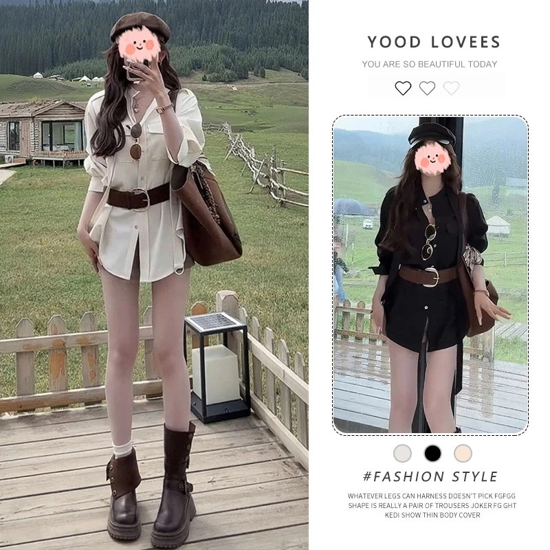 2025春秋气质百搭显瘦长袖衬衫女设计感小众上衣高腰休闲短裤套装