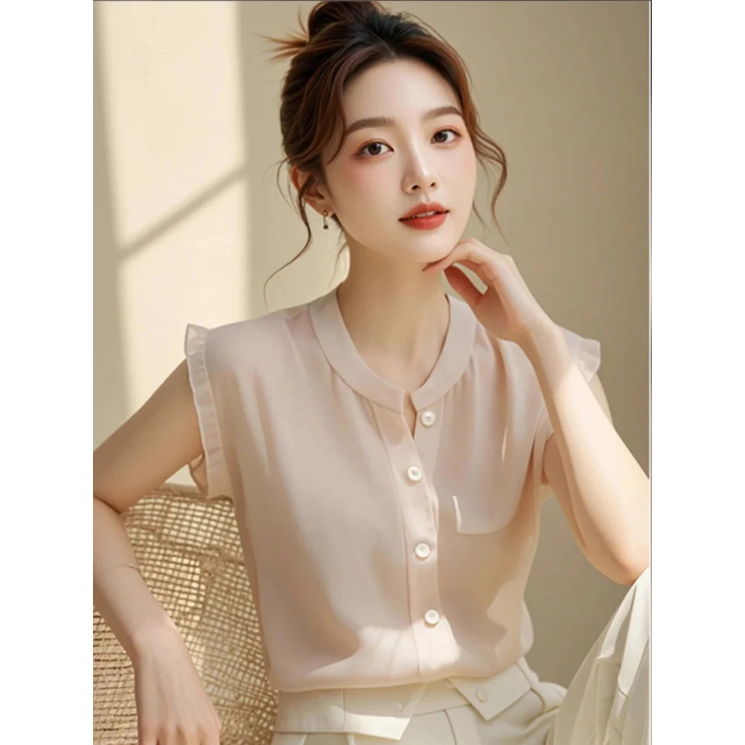 法式无袖雪纺上衣女2025新款夏季小众绝美洋气独特别致超好看衬衫