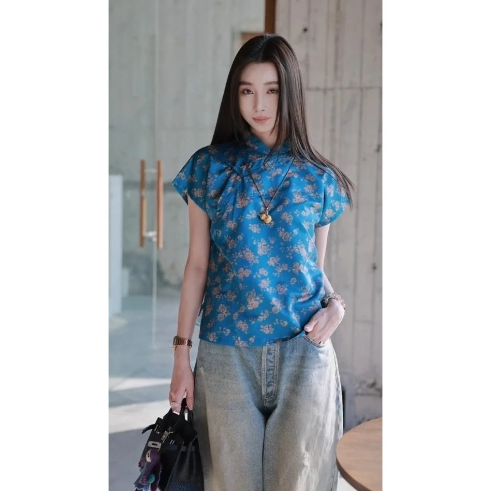 新中式国风蓝色印花T恤女2025夏季新款高端复古盘扣改良唐装衬衣