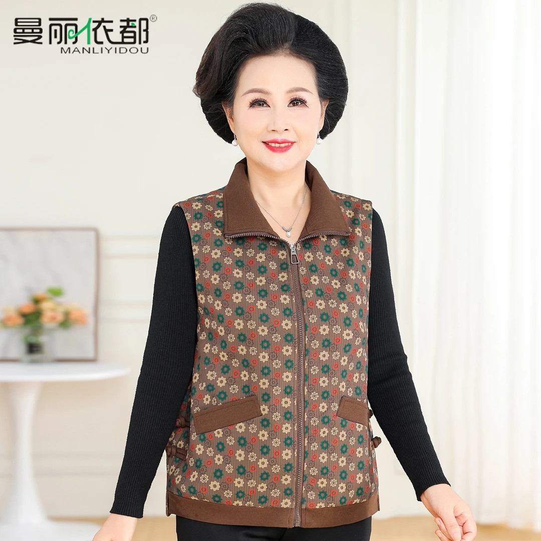 中老年马甲女奶奶装秋季外套老年人衣服印花上衣妈妈春秋背心坎肩