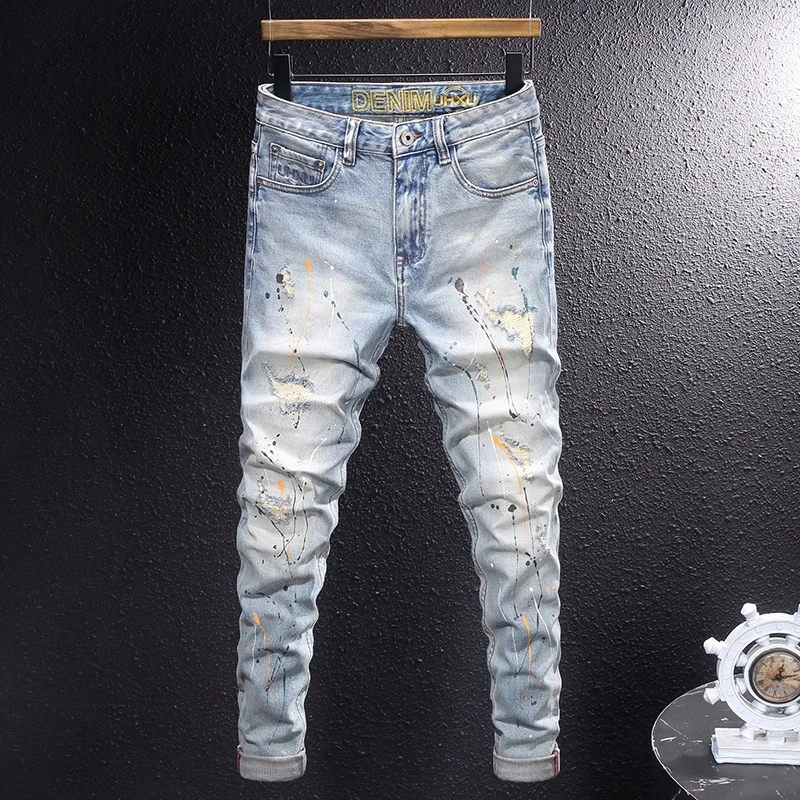 Cebrodz高街浅蓝印花破洞牛仔裤男青年百搭喷漆补丁修身弹力小脚