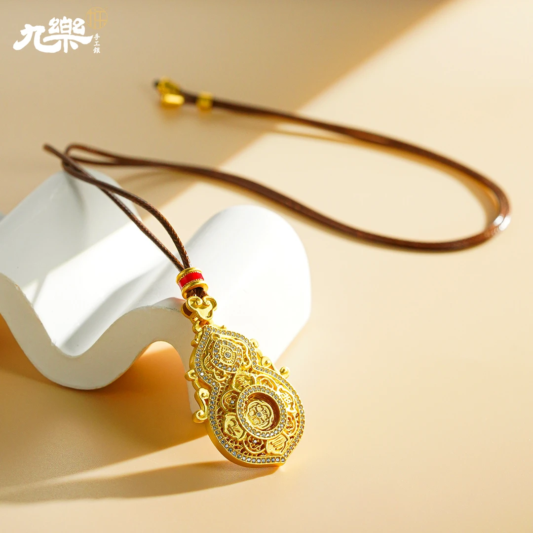 九乐 吊坠足银合成锆石 电金掐丝转动葫芦绳链999纯银套链送女友