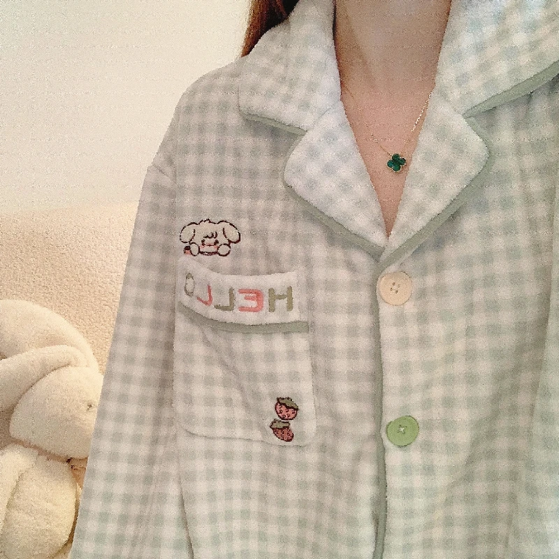 秋冬季睡衣卡通甜美女士套装法兰绒珊瑚绒加绒加厚保暖卡通家居服