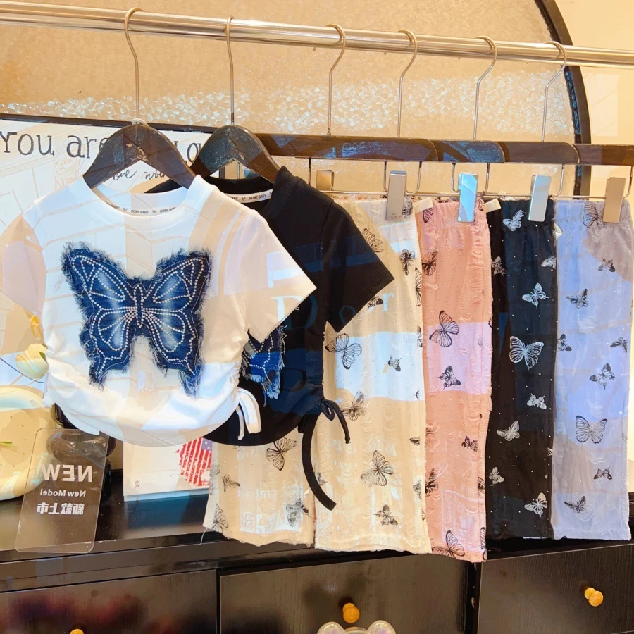 【抽绳式短袖套装】新款儿童破洞蝴蝶印花休闲裤套装女童洋气夏季