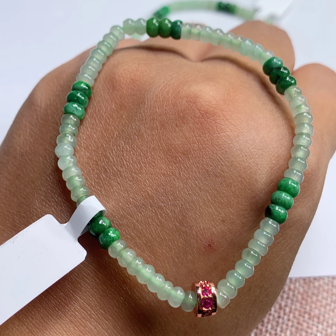 天然翡翠A货冰种浅绿晴水绿飘绿辣阳绿算盘手串手链卡4mm缅甸玉石