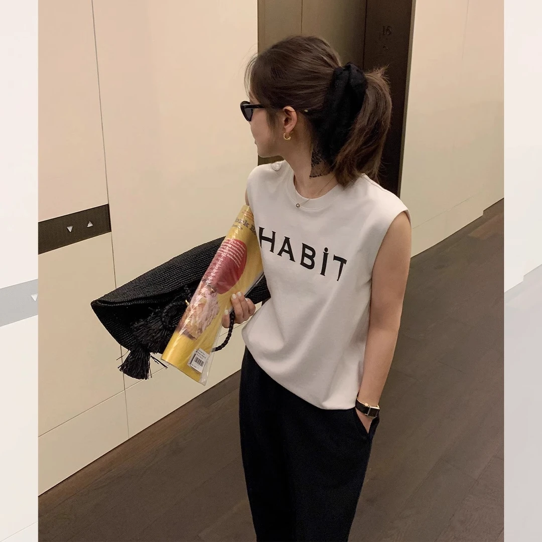 莉贝琳sisy直角肩T恤女无袖印花打底背心棉上衣S25204TS06