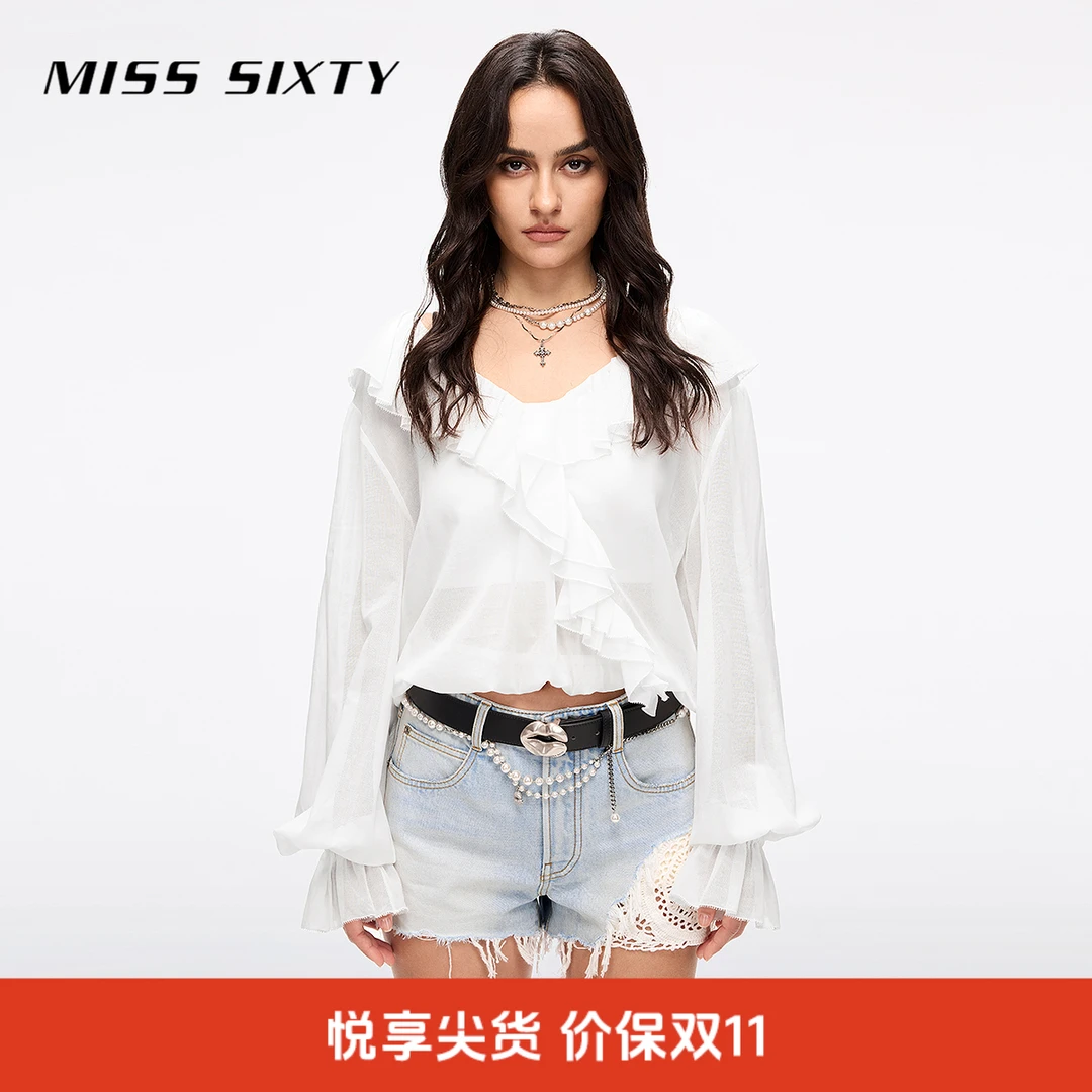 Miss Sixty2025夏季新款衬衫女V领两件套荷叶边薄款白色优雅气质