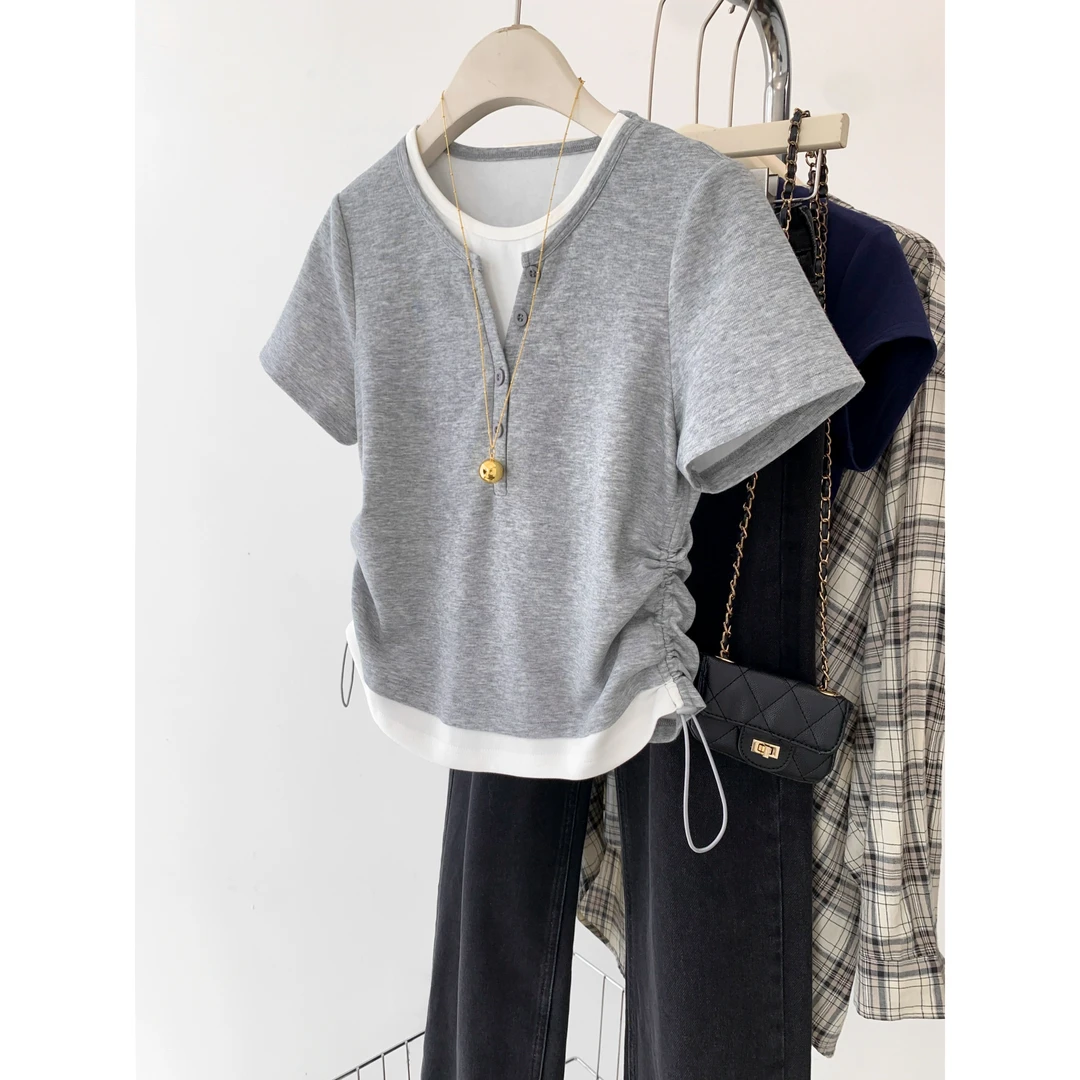 财阀千金出游服扎时尚正肩短袖T恤女夏季修身女装t恤禅意仙气飘飘