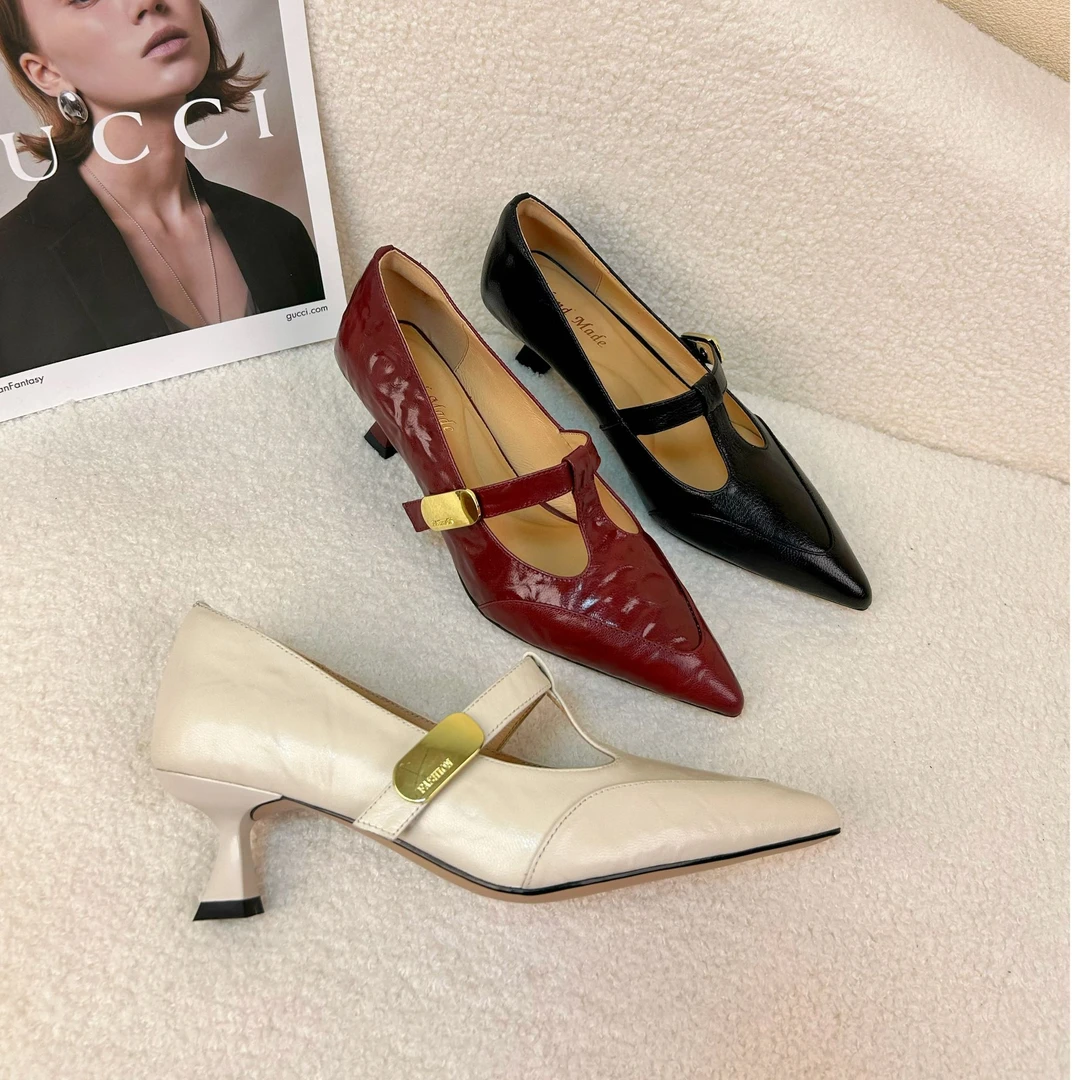 2025春季新款 绑带手抓花羊皮百搭尖头浅口时尚中跟单鞋086-416