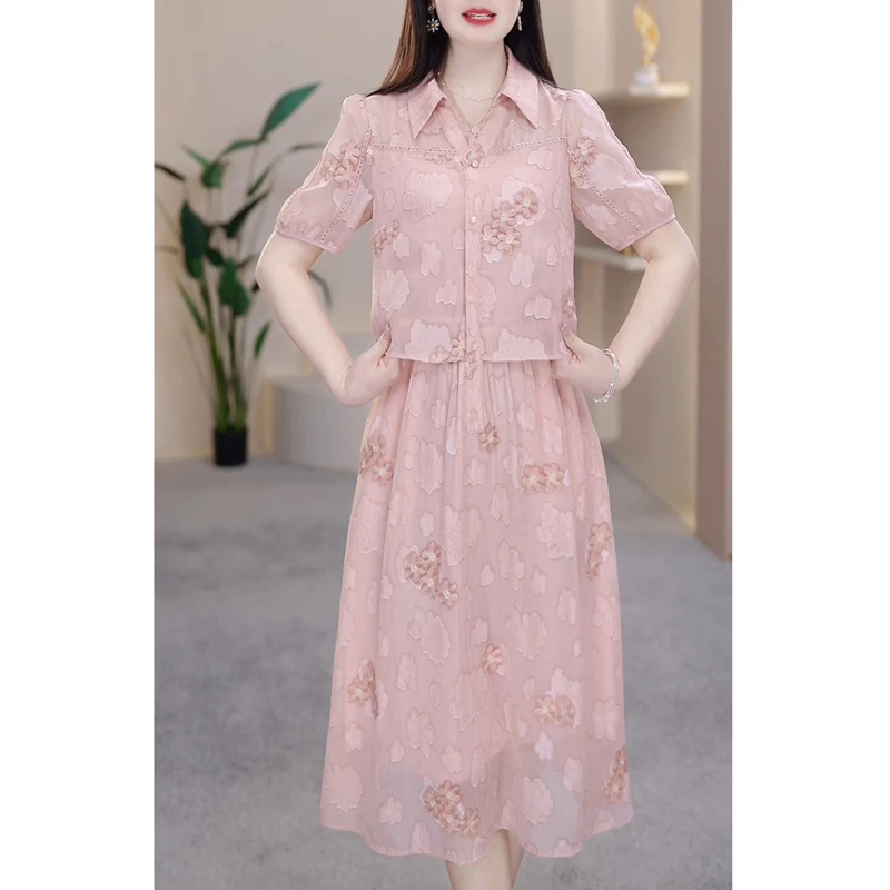 轻奢时尚假俩件刺绣连衣裙女2025夏季新款减龄收腰显瘦中长款裙子