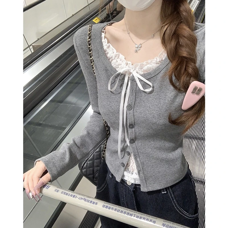 纯欲蕾丝拼接长袖假两件t恤女春季蝴蝶结绑带设计感修身显瘦上衣
