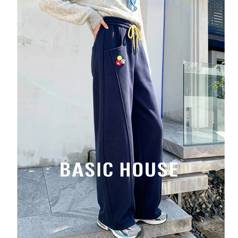 Basic House/百家好韩版宽松加绒休闲裤女秋冬休闲显瘦抽绳哈伦裤