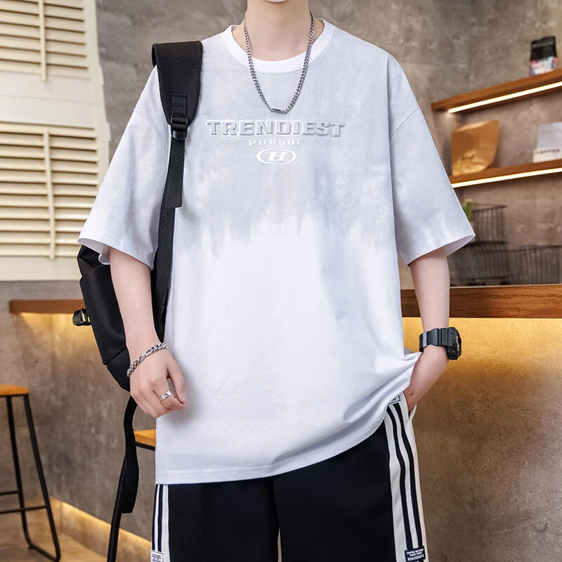 冰丝t恤短袖男夏季渐变印花半袖男潮牌上衣青少年落肩袖宽松体恤T