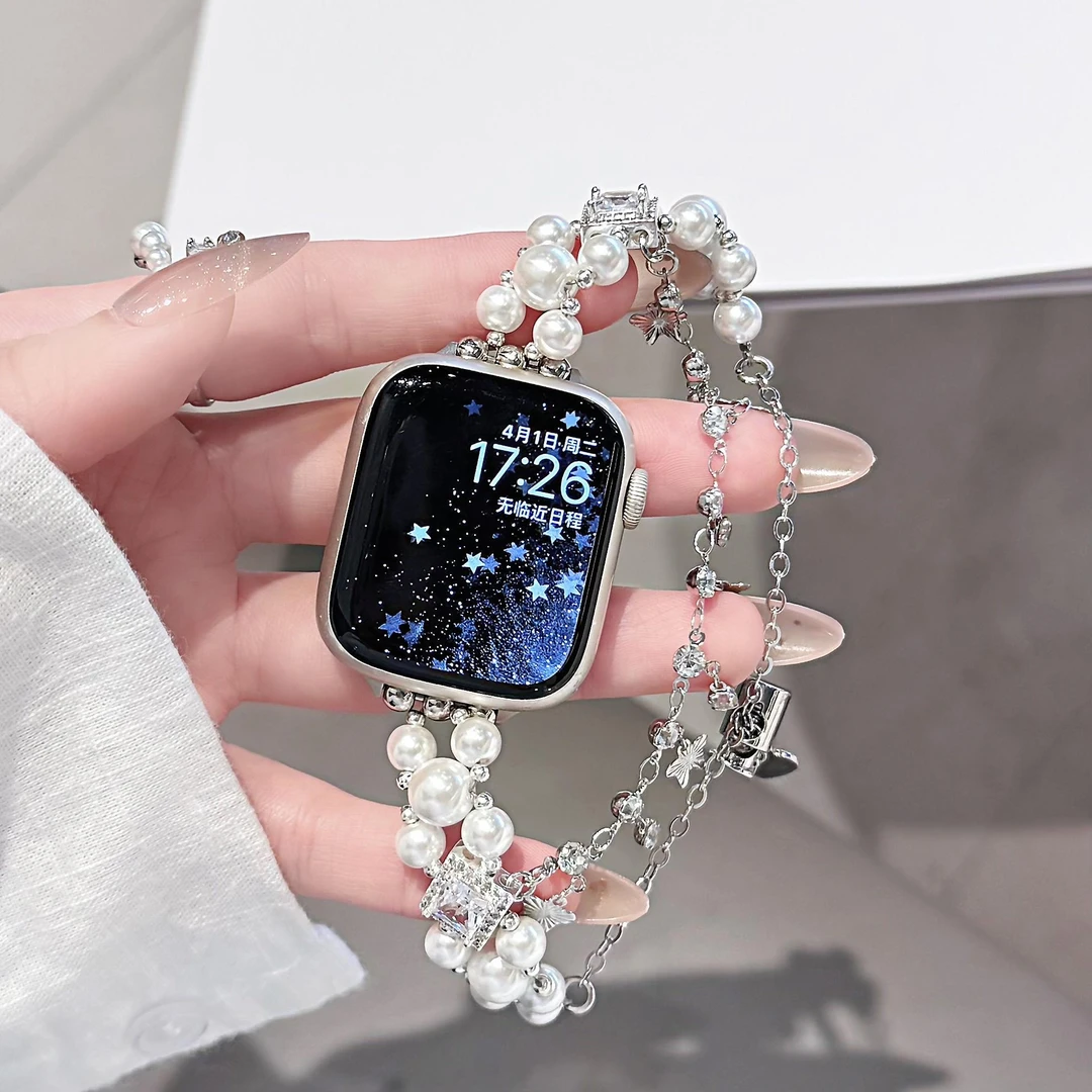 适用小米手环9NFC版8Pro闪钻珍珠表带红米Watch5/4华为10/9苹果s9