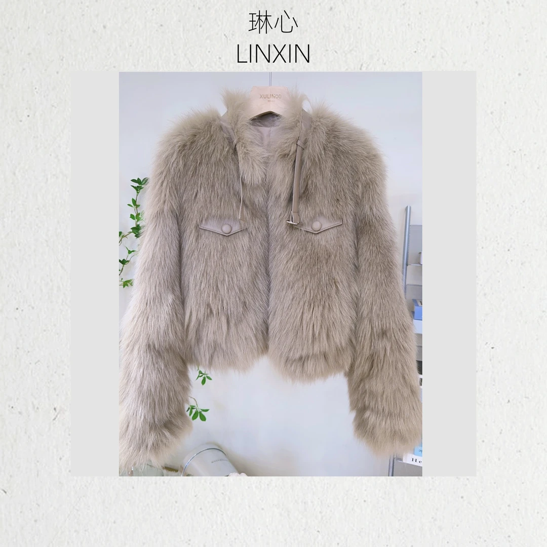 2024冬季新款气质时尚轻奢咖色拼皮口袋开衫外套0668