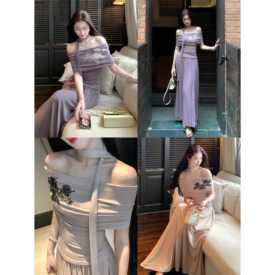 凌茜恣禾【含韵翩绣】法式一字肩飘带刺绣上衣大裙摆半身裙套装